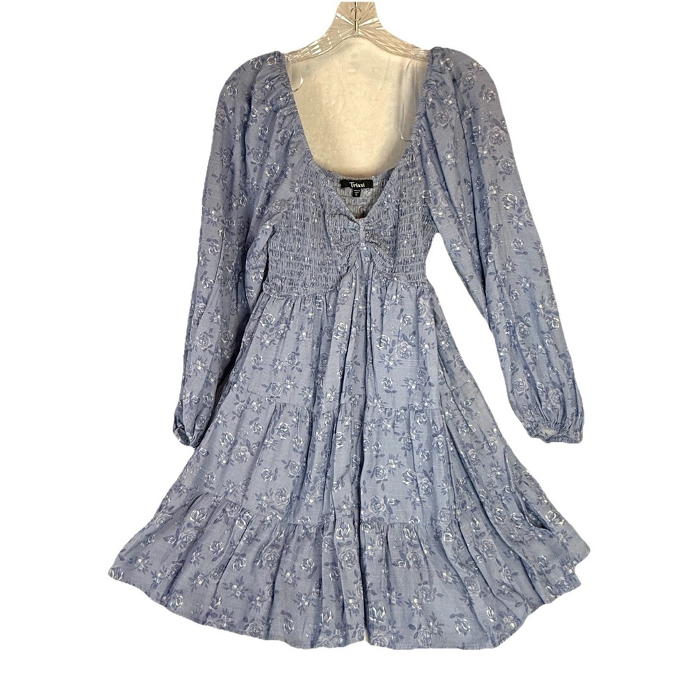 Trixxi Women's Blue White Floral Puffed Long Sleeve V-Neck‎ Mini Dress Size L